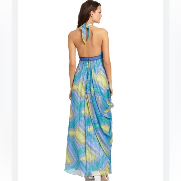 BCBG MAXAZRIA Silk HALTER MAXI LONG GOWN Watercolor BLUE TONES Size 4 - Picture 2 of 14